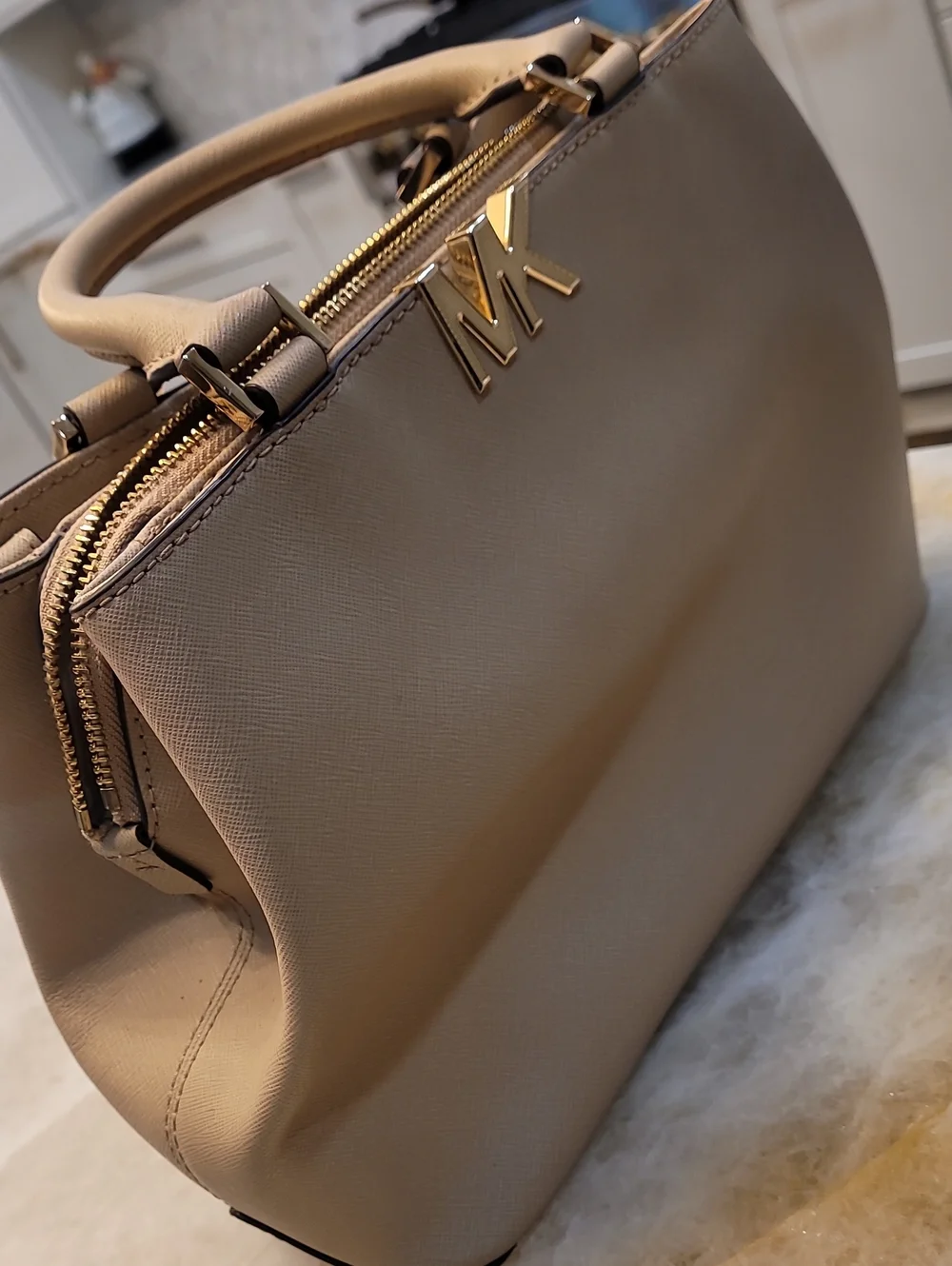 Michael Kors Taupe Saffiano Leather Satchel with Gold Hardware